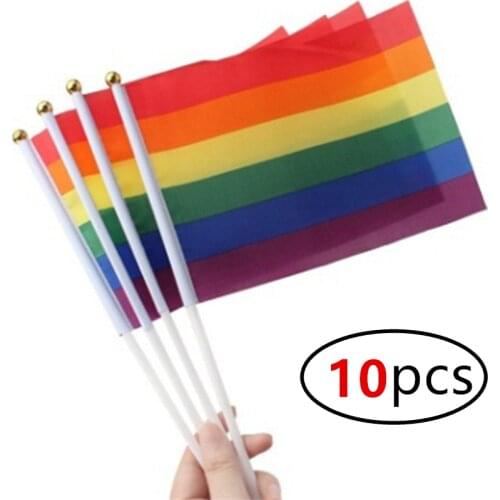 10PCS 14X21cm Rainbow Flag with Flagpole Rainbow Gay Lesbian Homosexual LGBT Pride Wholesale