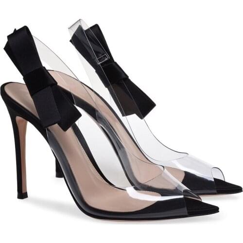 Spring and summer transparent PVC bow stiletto banquet dress female sandals plus size sexy fish mouth bridal wedding shoes