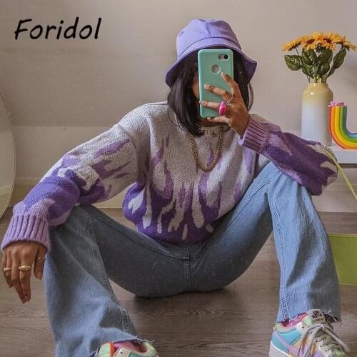 Foridol Fire Print Knitted Purple Sweater Pullovers Femme Casual Loose Harajuku Oversized Jumper Vintage Thick Winter Sweater