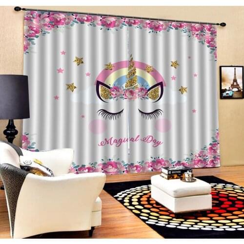 Cartoon Pink Flowers Unicorn Curtain For Living Room Bedroom Window Treatment Drapes Kids Curtains Thin/ Thicken Fabric Dropship