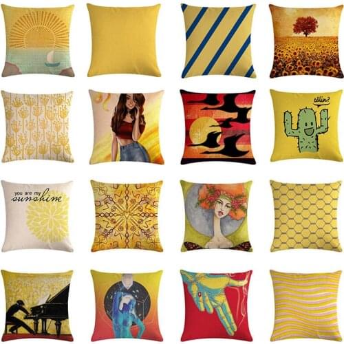 Yellow flower Cotton Linen Cushion Cover Geometric Floral Cactus Cotton Linen Home Decor 45x45cm Square Throw Pillows Cover