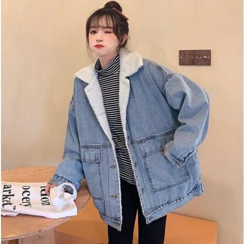 Winter Vintage Lamb wool denim jacket warm loose plus velvet thick Outwear Casual single-breasted Female cotton jeans jackets