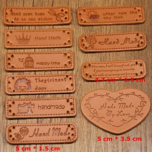 1000pcs Custom shop name Artwork pu leather emboss handmade label brown clothing tag DIY