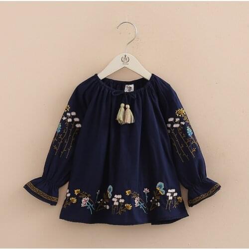 2019 Spring Autumn 2-7 8 9 10 Years Cotton Navy Blue White Embroidery Flare Trumpet Sleeve Baby Kids Girls Tassels Blouses Shirt