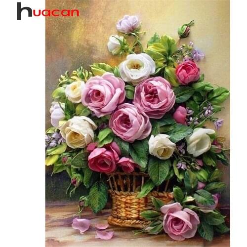 Huacan Diamond Art Painting Rose Flower Home Decor 5d Diy Diamond Embroidery Floral Vase Mosaic Wall Sticker