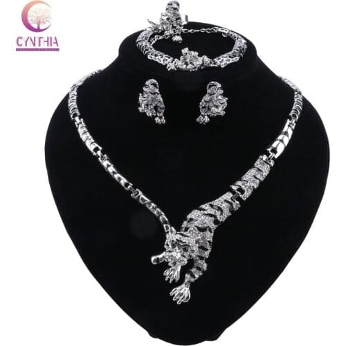 CYNTHIA Jewelry Set For Women Wedding Fashion Leopard Crystal Silver Plated Necklace Earrings Bracelet Ring Accessories