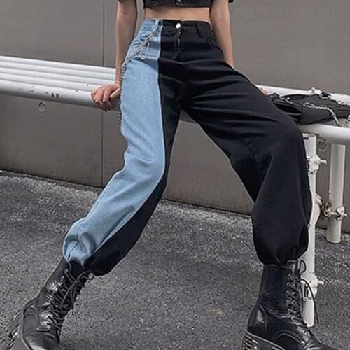 Harajuku Black Blue Patchwork High Waist Split Jeans Fashion Baggy Straight Long Denim Pants 2021 Summer Casual Womens Trousers