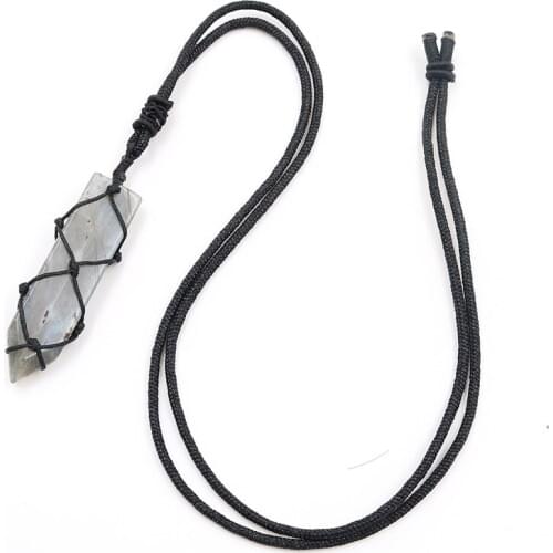 FYJS Unique Jewelry Handmade Weave Wrap Labradorite Stone Sword Shape Pendant Ethnic Style Necklace