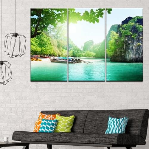 Canvas Painting Boat Island Bay Paradise Rocks 3 Pieces Wall Art Painting Modular Wallpapers Poster Print living room Home Decor