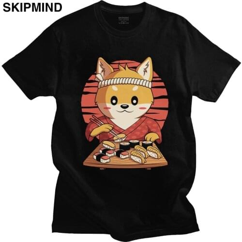 Kawaii Shiba Inu Dog T Shirt Men 100% Cotton Graphic T-shirt Short Sleeved Funny Eating Japanese Sushi Tshirt Anime Tee Top Gift