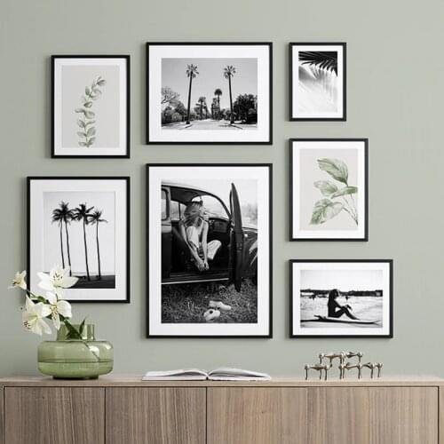 Black and White Surfing Woman Plant Leaf Landscape Canvas Painting Print Poster Picture Wall Frameless Home Nordic Decoration