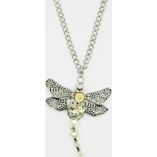 Steampunk Statement Watch Movement Necklace Vintage Gothic Dragonfly Pendant Fashion Bijoux for Women