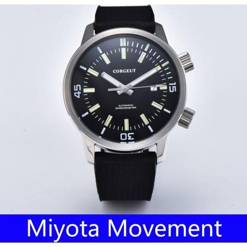 Corgeut 44MM Mens Luxury Automatic Mechanical Date Men rubber sport Waterproof Watch Luminous Seagull Male Clock