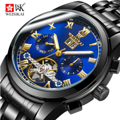 Mens Large Flywheel Waterproof Automatic Mechanical Watch Steel Band Luminous Watch Multi Function Calendar Sports Watch