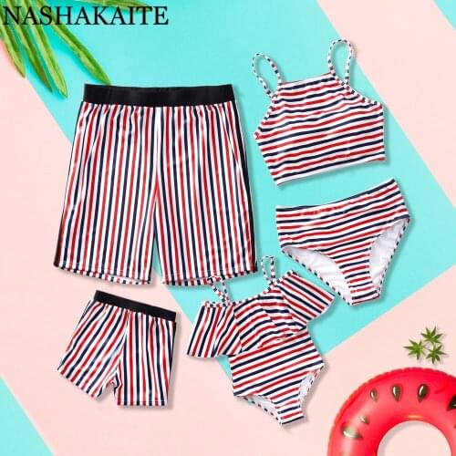 NASHAKAITE Family Swimsuits Holiday Fashion 2020 Red Blue Striped Swimming suit For Mom Daughter Dad Son Age 2-9Y Family Look