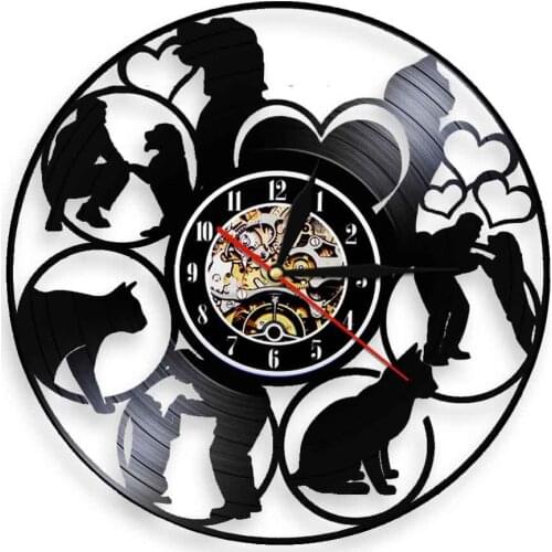 Cat And Dog House Pet Play With People Silhouette Wall Clock Vintage Vinyl Record Hanging Watches Personality Wall Art Decor