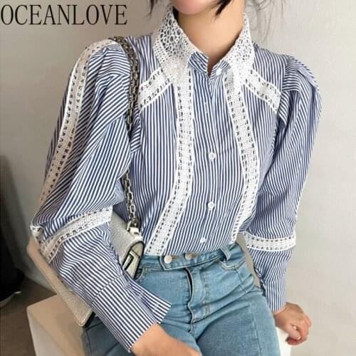 OCEANLOVE 2021 Autumn Striped Women Shirts Lace Patchwork Puff Sleeve Vintage Blusas Feminina Single Breasted Blouses Tops