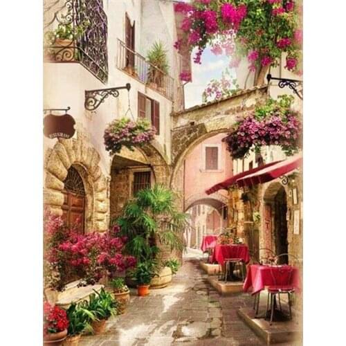 Landscape Street Flower 11CT Cross-Stitch Patterns DIY Embroidery Handmade Needlework Painting Knitting Room Decor Sales Magic