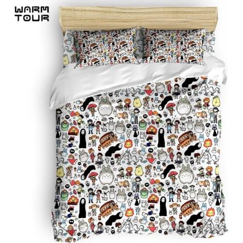 WARMTOUR Duvet Cover Kawaii Ghibli Doodle Duvet Cover Set 4 Piece Bedding Set For Beds