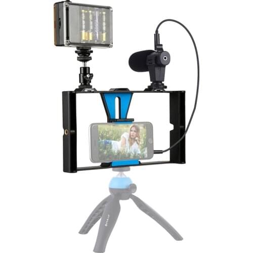 PULUZ 3 in 1 Vlogging Live Broadcast LED Selfie Light Smartphone Video Rig Kits with Microphone + Cold Shoe Tripod Head