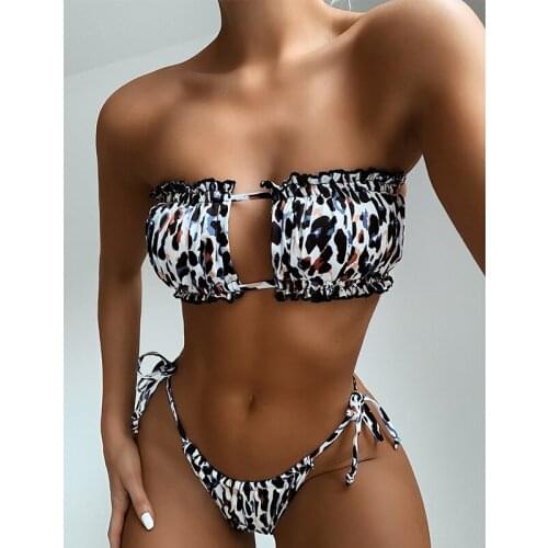Sexy Leopard Brazilian Bikini 2020 Women Bandeau Top Swimsuit Female Swimwear Two-pieces Bikini set Pleated Bather Bathing Suit
