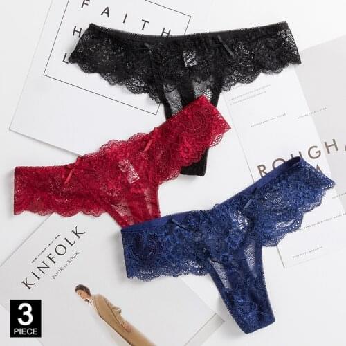 Sexy Lace Thongs Woman Panties Underwear Transparent Underpants Solid Color Floral G-string Female Panty 3 Pcs/set