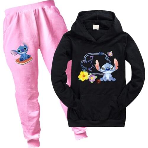 Disney Stitch Hoodies Kids Sweatshirts 2Pcs Set Girls Tops Boys Clothes Casual Children Hooded Sportswear Suits