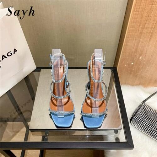 Fashion Luxury Brand Women Summer Sandals Pumps Open Toe Shiny Crystal Shoes High Heels Ankle Strap Shoes Shoes