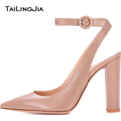 Plus Size Ankle Straps Elegant Nude Chunky High Heel Closed Pointed Toe Ladies Black Pumps Heels Black Slingbacks Shoes Woman