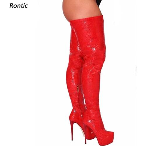 Rontic Women Winter Platform Thigh Boots Croc Pattern Italian Style Stiletto Heel Round Toe Gorgeous Red Club Shoes US Size 5-20