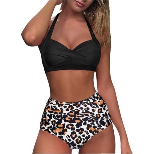 TELOTUNY Womens swimsuits Female Sexy Padded Bra Pattern Printing Split Bikini Set High waist Halter Summer Two Piece Swimsuit