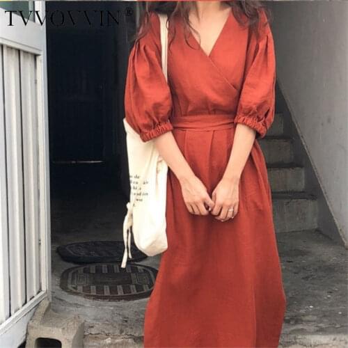 2020 Summer New Loose Casual High Waist Red Sexy V Neck Fashion Womens Linen Girl Female Simple Korea Dress Dresses E113
