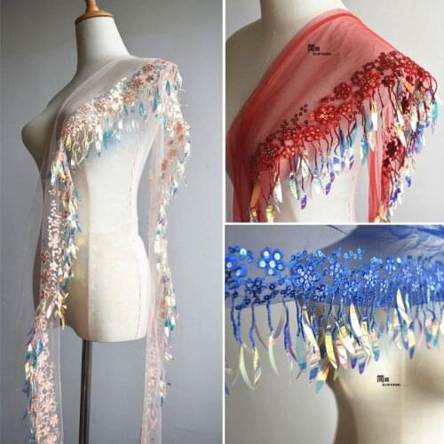 50cm*12cm Colorful fantasy fur sequins tassel lace accessories Latin dance skirt fish scale beads designer clothing fabric