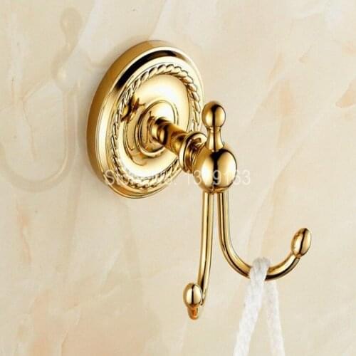 Bathroom Accessory Gold Color Brass Wall Mounted Bathroom Double Robe Hook Coat Hat Towel Hook Hanger aba606