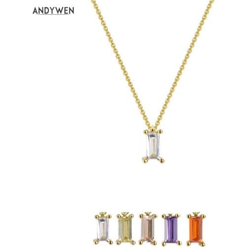 ANDYWEN 925 Sterling Silver Small Pendant Simple Necklace Crystal Colorful Rainbow Long Chain Necklace Jewelry Best Gift