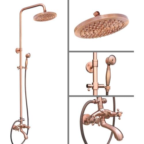 Antique Red Copper Brass Dual Cross Handles Bathroom 8 Inch Round Rain Shower Faucet Set Tub Mixer Tap Hand Shower mrg503