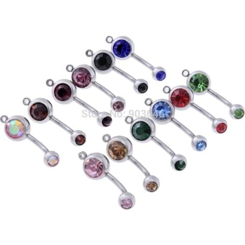 Free shippment 50pcs Body Jewelry Double Gems Navel Belly Rings Navel Button Bar Barbells with one Circle hook for DIY Pendant