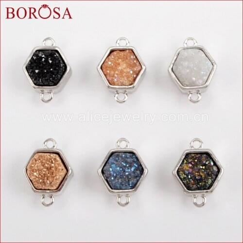 BOROSA Hexagon Drusy Silver Color Bezel Natural Druzy Titanium Rainbow Drusy Connectors Double Charms for Jewelry DIY ZS0138