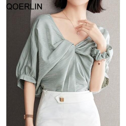 QOERLIN Reversible Chiffon Blouse Minimalist Green Tops Girls Hot Chic Women Criss-Cross Single Breasted Solid Elegant Shirts