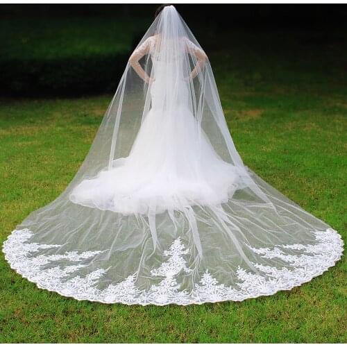 Elegant 4 Meters Long One Layer Bridal Veil with Comb White Ivory Lace Wedding Veil New Velo de Novia Bride Accessories
