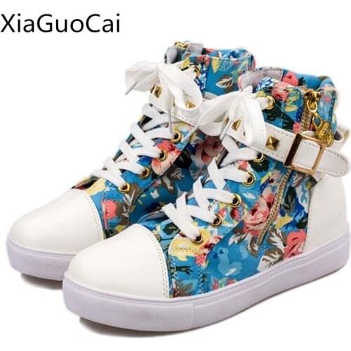 Printed Fashion Women Canvas Shoes Hook & Loop Spring High Top Breathable Sneakers Fashion Casual Shoes X1046 35