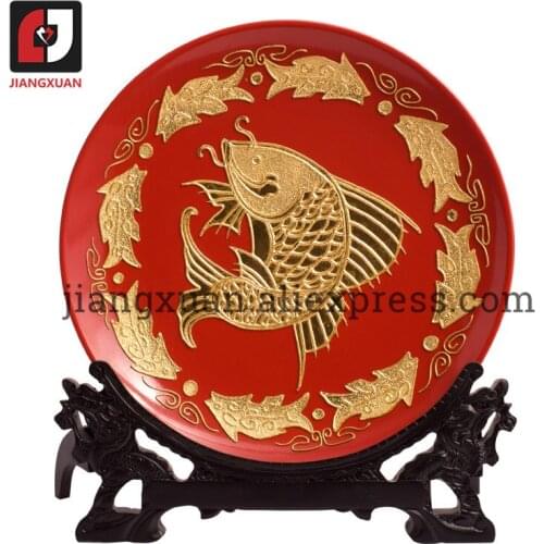 Lacquer line carving ethnic traditional 24k gold foil 8 inch ceramic handicraft plate gifts