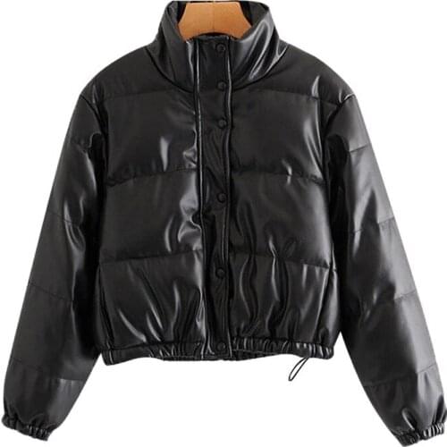Trendy Winter Thick Warm Short Parkas Women Fashion Black PU Leather Coats Women Elegant Zipper Cotton Jackets Female Outwear