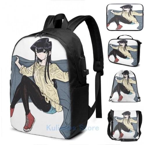 Funny Graphic print komi san in a blanket USB Charge Backpack men School bags Women bag Travel laptop bag