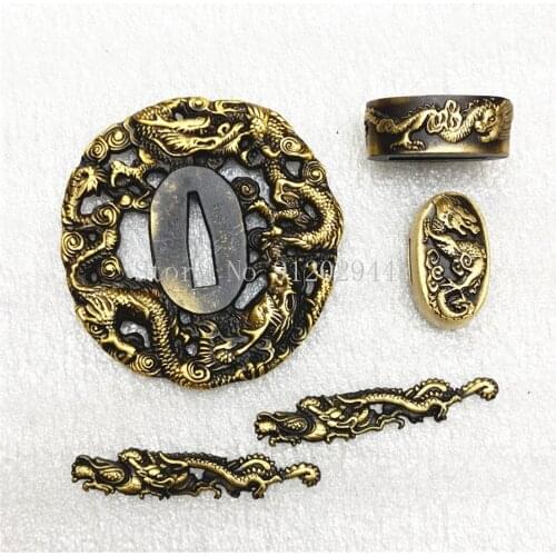 Set Copper Japanese Sword Fittings HandGuard For Katana/Wakizashi Dragon Theme TSUBA+FUCHI+KASHIRA+MENUKI