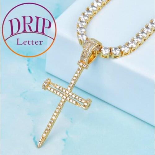 Nail Cross Pendant Necklace Gold Color Cubic Zircon Mens Hip Hop Rock Street Jewelry