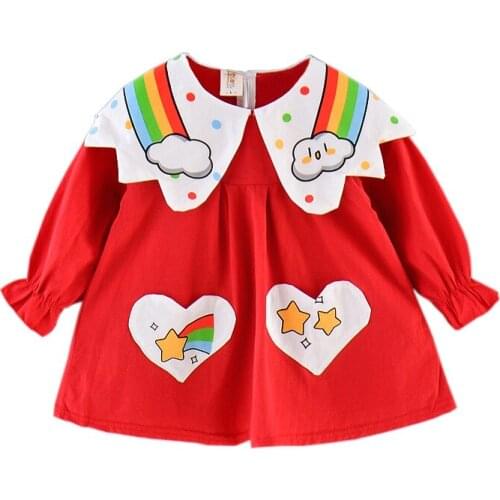 Baby Kids Girls Dress Rainbow Doll Collar Autumn 2021 New Spring Cute Splicing Long Sleeved Princess Dresses Girl Kids Dress