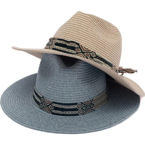 Stock design fashion straw visor hat summer use ribbon fedora fashion straw bucket hat