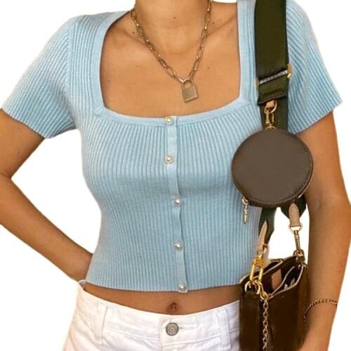 Hot Sale Summer Short Sleeve Solid Crop Top t shirt Women Vintage Square Collar Button Short tee Tops Casual Slim Basic Shirts