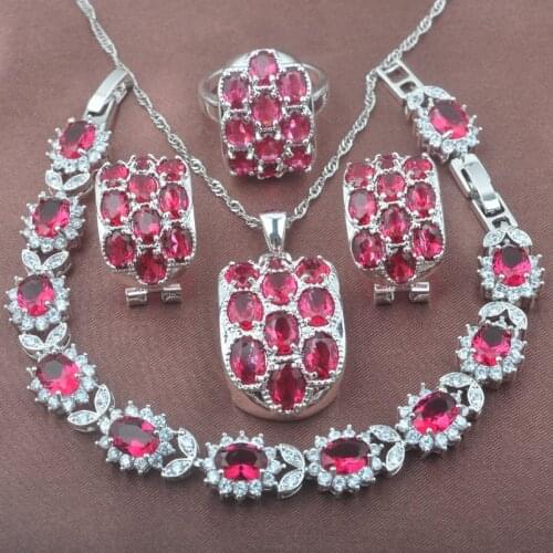 Unique Red Zirconia Silver Color Womens Jewelry Sets Bracelet Necklace Pendant Earrings Ring YZ0518